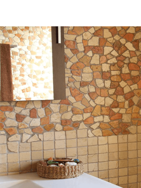 Malla de piedra canto rodado Rocaplana rojo crema 30x30 cm. Canto rodado aplanado de piedra natural ideal para decoraciones de platos de ducha y exteriores.
