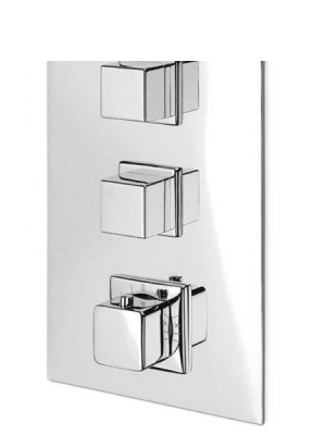 Distribuidor empotrado termostático de ducha 2 vías independientes. Esta grifería empotrada permite accionar las dos salidas a la vez para gran relajación.