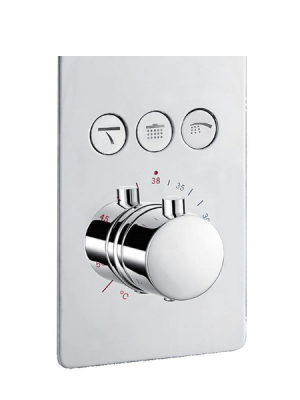 Mezclador empotrado termostático con desviador 3 salidas Nairobi. Seleccione un click la salida deseada, cascada, rociador superior o mango de ducha.
