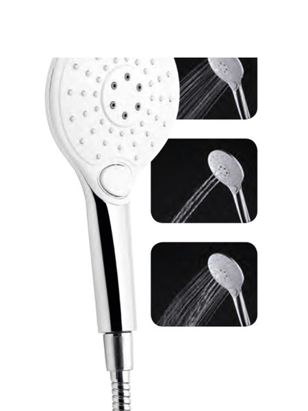 Mango de ducha de mano 3 funciones redondo cromo-blanco adr01. Mango de ducha en ABS, con tres funciones fácilmente accesibles mediante un botón.