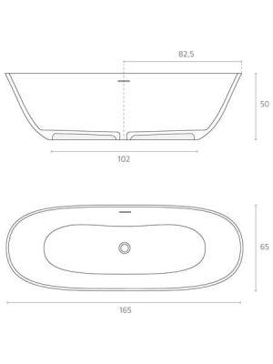 Bañera exenta Solid Surface Ladoga 165x65 cm. Bañera de libre instalación con rebosadero interno. Una bañera de líneas curvas con una frágil curvatura.