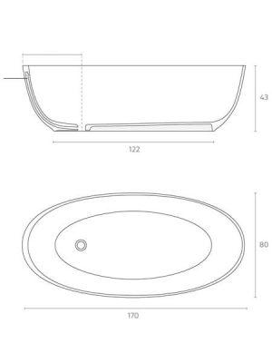 Bañera exenta Solid Surface Leman 170x80 cm.Bañera de libre instalación con rebosadero interno. Una bañera de líneas curvas con una frágil curvatura.