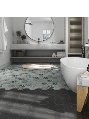 Azulejo hexagonal good vibes 14x16 cm. Revestimiento hexagonal porcelánico para decoraciones estilo vintage en baños o cocinas.