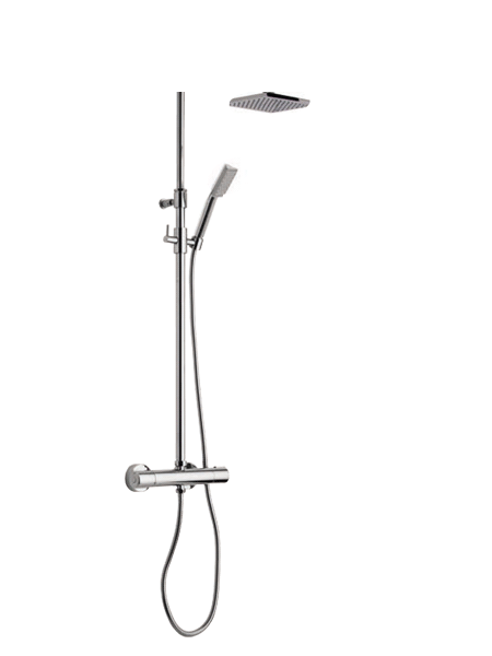 Columna de ducha termostática cromada Parma. Minimalista conjunto ducha termostático, de formas redondeadas, sin casi relieves y acabado cromo brillo.
