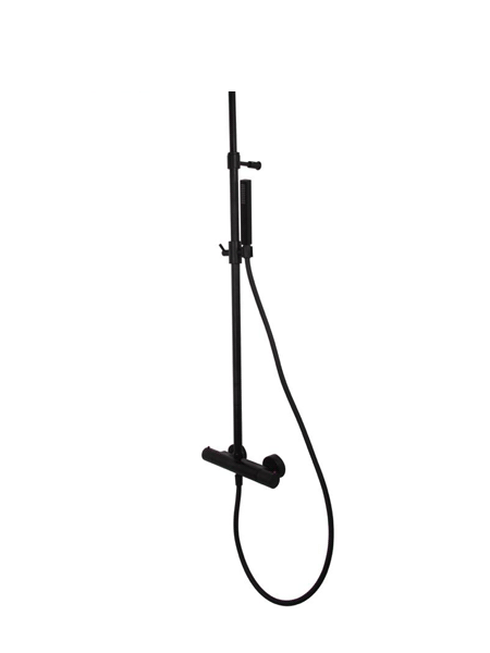 Columna de ducha termostática Ferrara , disponible en acabado cromado, negro y blanco. Minimalista conjunto ducha termostático de formas cuadradas.