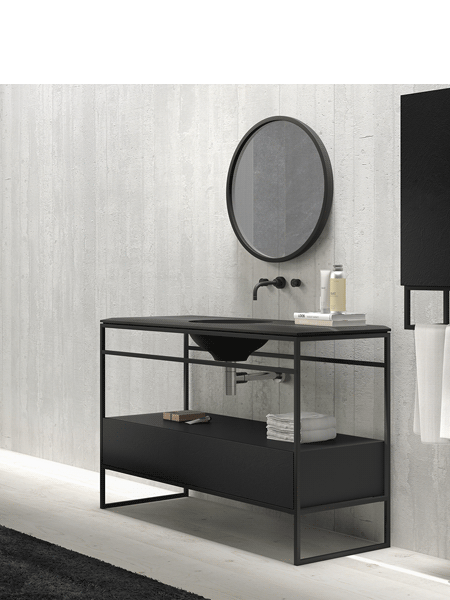 Mueble de baño metálico a suelo negro Litos Poalgi 80x48x85 cm.Fabricado con resinas minerales, Gel Coat sanitario y sistema Antibacterias Bactiblock ®