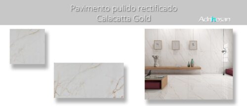 Pavimento porcelánico rectificado Calacatta Gold pulido 60 x 120 cm.