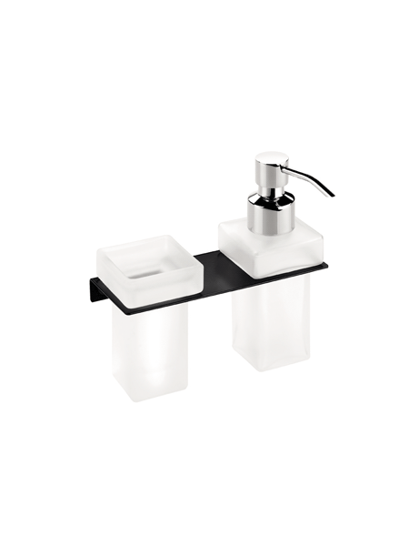 Portavaso más dosificador de jabón a pared negro serie Castellón- Accesorio de baño. Accesorio de baño fabricado en latón de primera calidad acabado negro, cristal matizado.