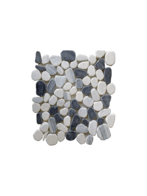 Malla de piedra canto rodado Riviera gris 30x30 cm. Canto rodado aplanado de piedra natural ideal para decoraciones de platos de ducha y exteriores.