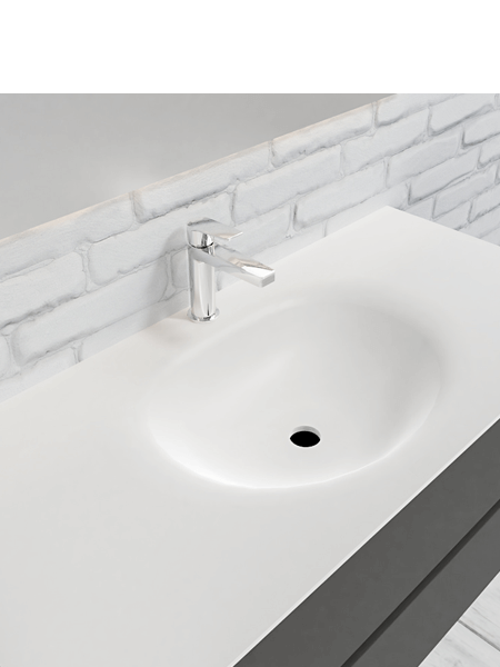 Mueble de baño 100 cm Antracita con 2 cajones, lavabo de Solid surface seno centrado con 1 orificio(s) para el grifo. 4 Mueble de baño suspendido Vica 100 Antracita 2 cajones en acabado Antracita. Un mueble de baño de apertura suave por uñero,encimera para grifo sobre encimera.