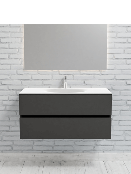 Mueble de baño 100 cm Antracita con 2 cajones, lavabo de Solid surface seno centrado con 1 orificio(s) para el grifo. 3 Mueble de baño suspendido Vica 100 Antracita 2 cajones en acabado Antracita. Un mueble de baño de apertura suave por uñero,encimera para grifo sobre encimera.