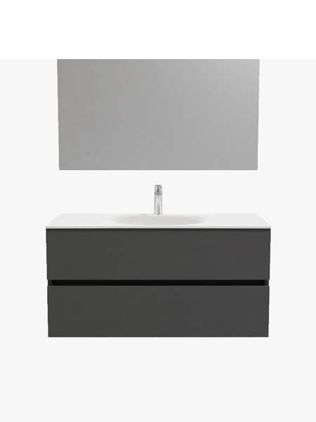Mueble de baño 100 cm Antracita con 2 cajones, lavabo de Solid surface seno centrado con 1 orificio(s) para el grifo. 2 Mueble de baño suspendido Vica 100 Antracita 2 cajones en acabado Antracita. Un mueble de baño de apertura suave por uñero,encimera para grifo sobre encimera.