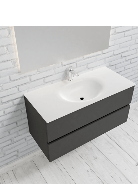Mueble de baño 100 cm Antracita con 2 cajones, lavabo de Solid surface seno centrado con 1 orificio(s) para el grifo. 5 Mueble de baño suspendido Vica 100 Antracita 2 cajones en acabado Antracita. Un mueble de baño de apertura suave por uñero,encimera para grifo sobre encimera.