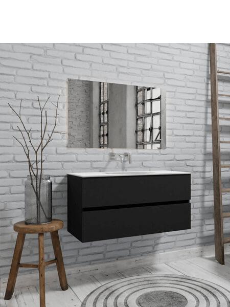 Mueble de baño suspendido Vica 100 negro 2 cajones en acabado negro mate. Un mueble de baño de seno centrado de apertura suave por uñero con encimera para grifo empotrado.