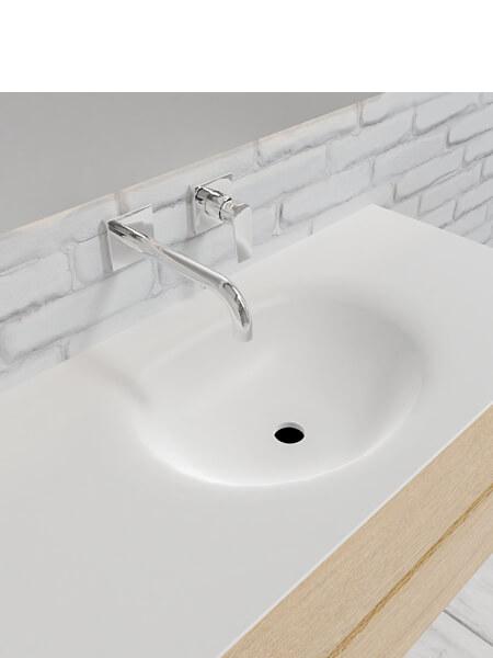 Mueble de baño 100 cm Wood roble natural con 2 cajones, lavabo de Solid surface seno centrado con 0 orificio(s) para el grifo. 8 Mueble de baño suspendido Vica 100 Wood roble natural 2 cajones en acabado Wood roble natural mate. Un mueble de baño de apertura suave por uñero con encimera para grifo empotrado y seno centrado.