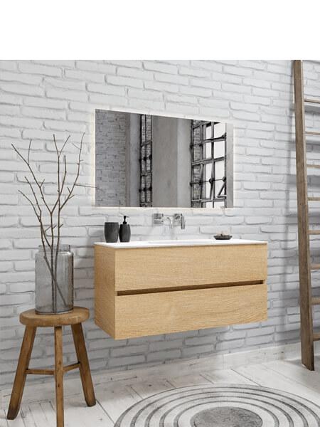 Mueble de baño 100 cm Wood roble natural con 2 cajones, lavabo de Solid surface seno centrado con 0 orificio(s) para el grifo. 9 Mueble de baño suspendido Vica 100 Wood roble natural 2 cajones en acabado Wood roble natural mate. Un mueble de baño de apertura suave por uñero con encimera para grifo empotrado y seno centrado.