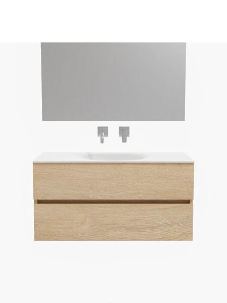 Mueble de baño 100 cm Wood roble natural con 2 cajones, lavabo de Solid surface seno centrado con 0 orificio(s) para el grifo. 12 Mueble de baño suspendido Vica 100 Wood roble natural 2 cajones en acabado Wood roble natural mate. Un mueble de baño de apertura suave por uñero con encimera para grifo empotrado y seno centrado.