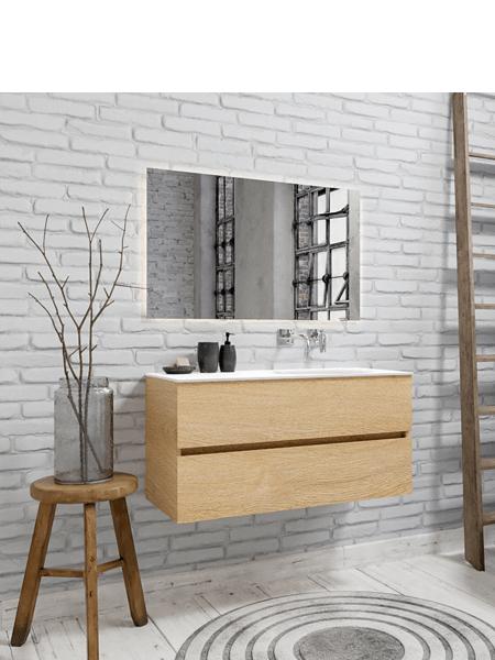 Mueble de baño 100 cm Vica Wood roble natural con 2 cajones, lavabo de Solid surface seno derecho con 0 orificio(s) para el grifo. 9 Mueble de baño suspendido Vica 100 Wood roble natural 2 cajones en acabado Wood roble natural mate. Un mueble de baño de apertura suave por uñero con encimera para grifo empotrado y seno derecho.