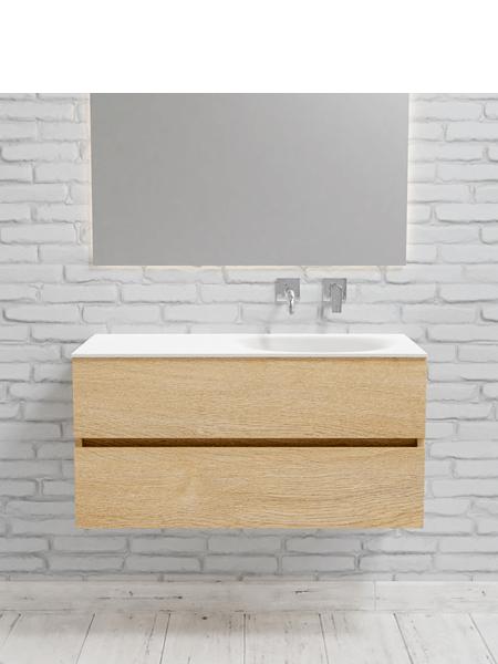 Mueble de baño 100 cm Vica Wood roble natural con 2 cajones, lavabo de Solid surface seno derecho con 0 orificio(s) para el grifo. 11 Mueble de baño suspendido Vica 100 Wood roble natural 2 cajones en acabado Wood roble natural mate. Un mueble de baño de apertura suave por uñero con encimera para grifo empotrado y seno derecho.
