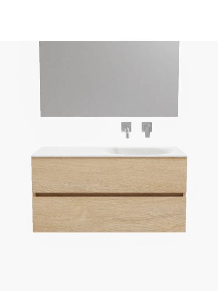 Mueble de baño 100 cm Vica Wood roble natural con 2 cajones, lavabo de Solid surface seno derecho con 0 orificio(s) para el grifo. 12 Mueble de baño suspendido Vica 100 Wood roble natural 2 cajones en acabado Wood roble natural mate. Un mueble de baño de apertura suave por uñero con encimera para grifo empotrado y seno derecho.