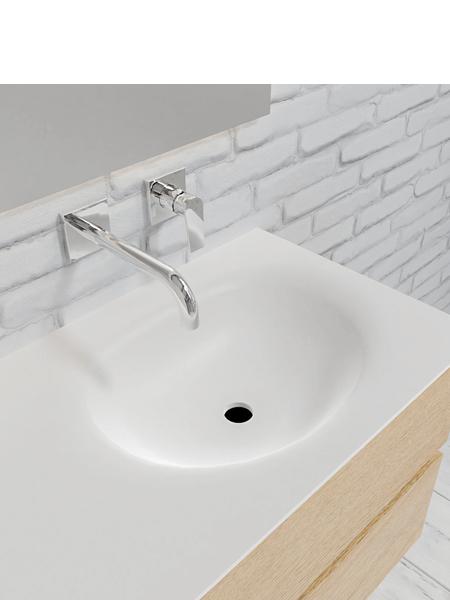 Mueble de baño 100 cm Vica Wood roble natural con 2 cajones, lavabo de Solid surface seno derecho con 0 orificio(s) para el grifo. 7 Mueble de baño suspendido Vica 100 Wood roble natural 2 cajones en acabado Wood roble natural mate. Un mueble de baño de apertura suave por uñero con encimera para grifo empotrado y seno derecho.