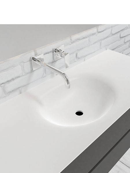 Mueble de baño 120 cm Antracita con 2 cajones, lavabo de Solid surface seno centrado con 0 orificio(s) para el grifo. 4 Mueble de baño suspendido Vica 120 Antracita 2 cajones en acabado Antracita. Un mueble de baño de seno centrado de apertura suave por uñero con encimera para grifo empotrado.