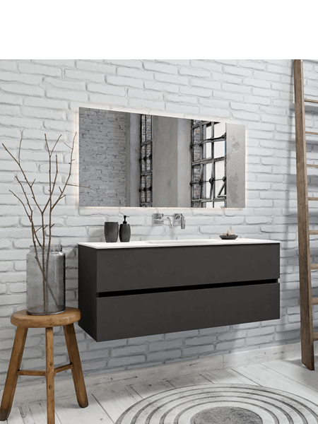 Mueble de baño suspendido Vica 120 Antracita 2 cajones en acabado Antracita. Un mueble de baño de seno centrado de apertura suave por uñero con encimera para grifo empotrado.