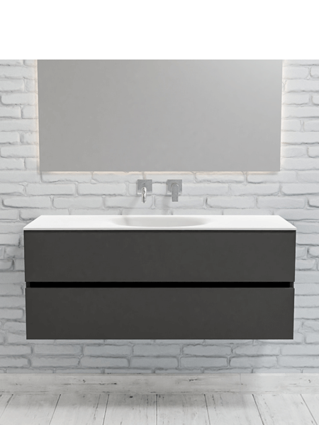 Mueble de baño 120 cm Antracita con 2 cajones, lavabo de Solid surface seno centrado con 0 orificio(s) para el grifo. 3 Mueble de baño suspendido Vica 120 Antracita 2 cajones en acabado Antracita. Un mueble de baño de seno centrado de apertura suave por uñero con encimera para grifo empotrado.