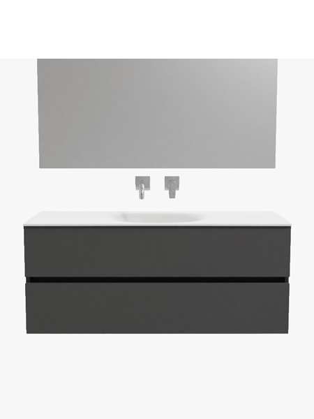 Mueble de baño 120 cm Antracita con 2 cajones, lavabo de Solid surface seno centrado con 0 orificio(s) para el grifo. 2 Mueble de baño suspendido Vica 120 Antracita 2 cajones en acabado Antracita. Un mueble de baño de seno centrado de apertura suave por uñero con encimera para grifo empotrado.