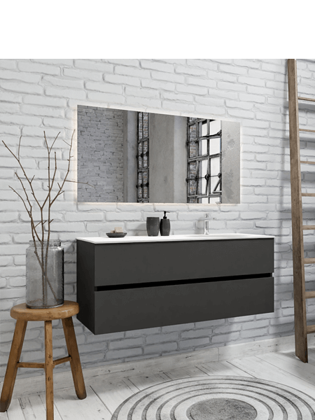Mueble de baño suspendido Vica 120 Antracita 2 cajones en acabado Antracita. Un mueble de baño de seno derecho de apertura suave por uñero con encimera para grifo sobre encimera.