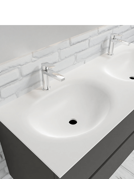 Mueble de baño 120 cm Antracita con 2 cajones, lavabo de Solid surface seno doble con 2 orificio(s) para el grifo. 4 Mueble de baño suspendido Vica 120 Antracita 2 cajones en acabado Antracita. Un mueble de baño de seno doble de apertura suave por uñero con encimera para grifo sobre encimera.