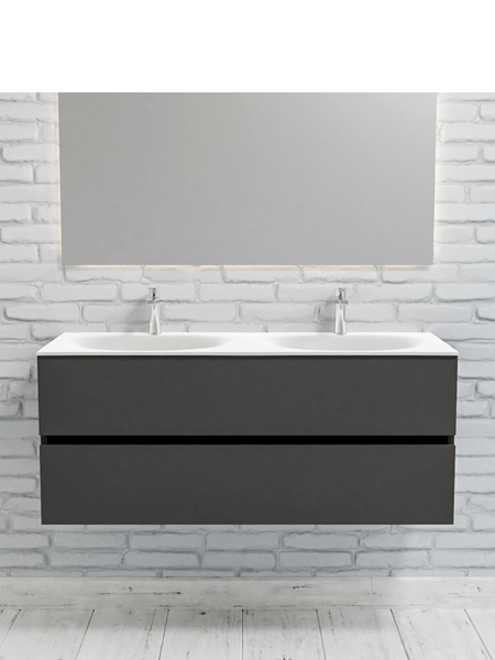 Mueble de baño 120 cm Antracita con 2 cajones, lavabo de Solid surface seno doble con 2 orificio(s) para el grifo. 3 Mueble de baño suspendido Vica 120 Antracita 2 cajones en acabado Antracita. Un mueble de baño de seno doble de apertura suave por uñero con encimera para grifo sobre encimera.