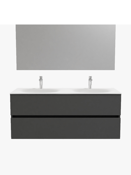 Mueble de baño 120 cm Antracita con 2 cajones, lavabo de Solid surface seno doble con 2 orificio(s) para el grifo. 2 Mueble de baño suspendido Vica 120 Antracita 2 cajones en acabado Antracita. Un mueble de baño de seno doble de apertura suave por uñero con encimera para grifo sobre encimera.