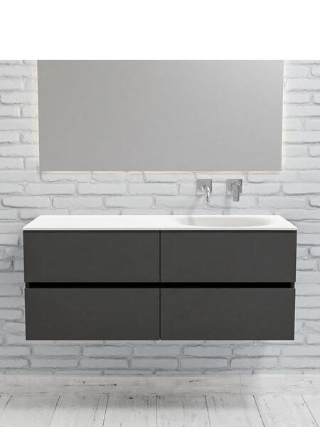 Mueble de baño 120 cm Antracita con 4 cajones, lavabo de Solid surface seno derecho con 0 orificio(s) para el grifo. 3 Mueble de baño suspendido Vica 120 Antracita 4 cajones en acabado Antracita. Un mueble de baño de seno derecho de apertura suave por uñero con encimera para grifo empotrado.