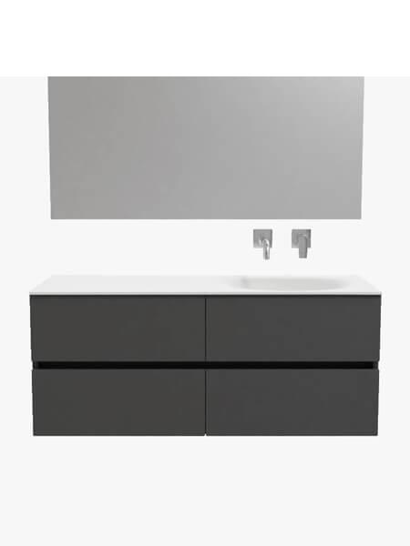 Mueble de baño 120 cm Antracita con 4 cajones, lavabo de Solid surface seno derecho con 0 orificio(s) para el grifo. 2 Mueble de baño suspendido Vica 120 Antracita 4 cajones en acabado Antracita. Un mueble de baño de seno derecho de apertura suave por uñero con encimera para grifo empotrado.