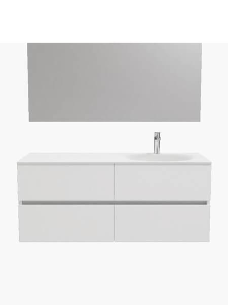 Mueble de baño 150 cm Blanco mate con 4 cajones, lavabo de Solid surface seno derecho con 1 orificio(s) para el grifo. 2 Mueble de baño suspendido Vica 120 Blanco 4 cajones. Un mueble de baño de apertura suave por uñero con encimera para grifo sobre encimera y seno derecha