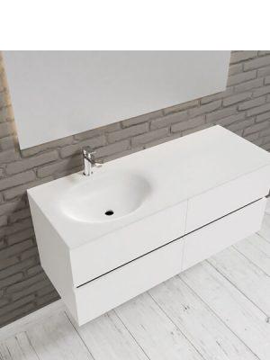 Mueble de baño suspendido Vica 120 Blanco 4 cajones. Un mueble de baño de apertura suave por uñero con encimera para grifo sobre encimera.