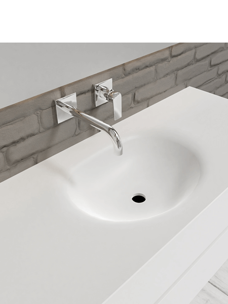 Mueble de baño 120 cm Blanco mate con 2 cajones, lavabo de Solid surface seno centrado con 0 orificio(s) para el grifo. 5 Mueble de baño suspendido Vica 120 white 2 cajones en acabado blanco mate. Un mueble de baño de seno centrado de apertura suave por uñero con encimera para grifo empotrado.