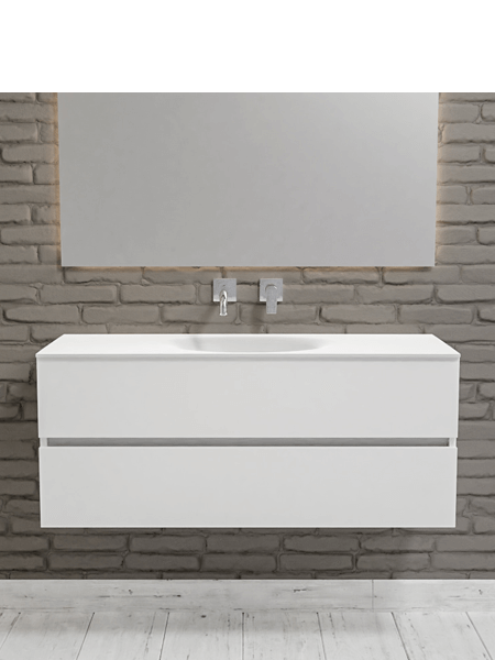 Mueble de baño 120 cm Blanco mate con 2 cajones, lavabo de Solid surface seno centrado con 0 orificio(s) para el grifo. 3 Mueble de baño suspendido Vica 120 white 2 cajones en acabado blanco mate. Un mueble de baño de seno centrado de apertura suave por uñero con encimera para grifo empotrado.
