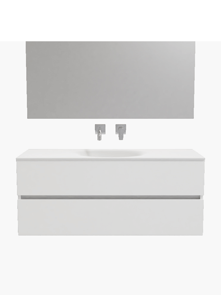 Mueble de baño 120 cm Blanco mate con 2 cajones, lavabo de Solid surface seno centrado con 0 orificio(s) para el grifo. 2 Mueble de baño suspendido Vica 120 white 2 cajones en acabado blanco mate. Un mueble de baño de seno centrado de apertura suave por uñero con encimera para grifo empotrado.