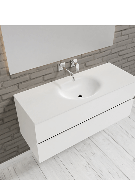Mueble de baño 120 cm Blanco mate con 2 cajones, lavabo de Solid surface seno centrado con 0 orificio(s) para el grifo. 4 Mueble de baño suspendido Vica 120 white 2 cajones en acabado blanco mate. Un mueble de baño de seno centrado de apertura suave por uñero con encimera para grifo empotrado.