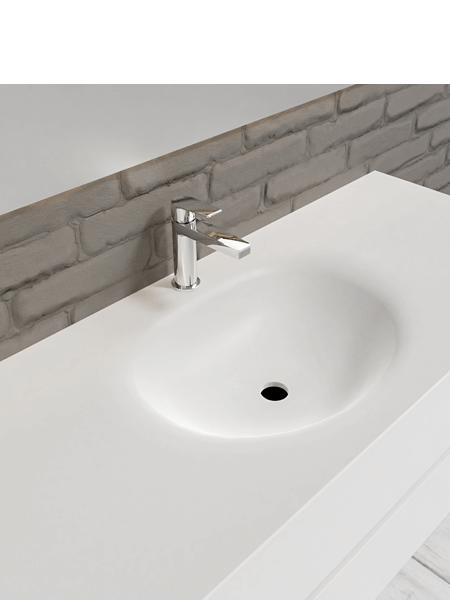 Mueble de baño 120 cm Blanco mate con 2 cajones, lavabo de Solid surface seno centrado con 1 orificio(s) para el grifo. 4 Mueble de baño suspendido Vica 120 white 2 cajones en acabado blanco mate. Un mueble de baño de apertura suave por uñero con encimera seno centrado c/orif.