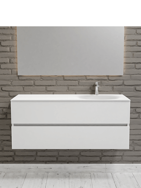 Mueble de baño 120 cm Blanco mate con 2 cajones, lavabo de Solid surface seno derecho con 1 orificio(s) para el grifo. 3 Mueble de baño suspendido Vica 120 white 2 cajones en acabado blanco mate. Un mueble de baño de apertura suave por uñero con encimera seno derecha c/orif.