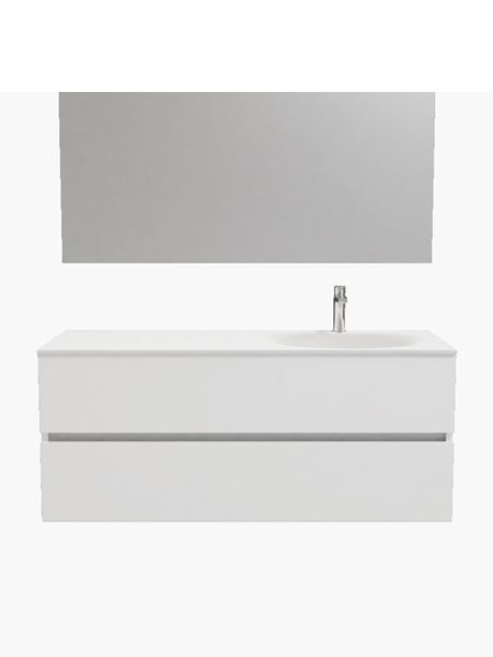 Mueble de baño 120 cm Blanco mate con 2 cajones, lavabo de Solid surface seno derecho con 1 orificio(s) para el grifo. 2 Mueble de baño suspendido Vica 120 white 2 cajones en acabado blanco mate. Un mueble de baño de apertura suave por uñero con encimera seno derecha c/orif.