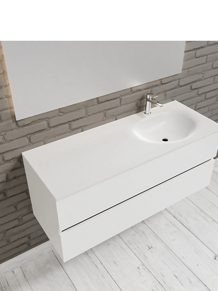 Mueble de baño 120 cm Blanco mate con 2 cajones, lavabo de Solid surface seno derecho con 1 orificio(s) para el grifo. 5 Mueble de baño suspendido Vica 120 white 2 cajones en acabado blanco mate. Un mueble de baño de apertura suave por uñero con encimera seno derecha c/orif.