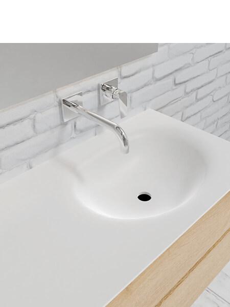 Mueble de baño 120 cm Wood roble natural con 2 cajones, lavabo de Solid surface seno derecho con 0 orificio(s) para el grifo. 8 Mueble de baño suspendido Vica 120 Wood roble natural 2 cajones en acabado Wood roble natural mate. Un mueble de baño de apertura suave por uñero con encimera para grifo empotrado y seno derecho.