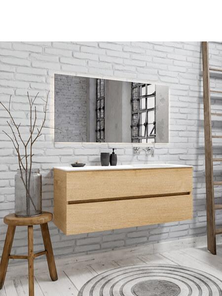 Mueble de baño 120 cm Wood roble natural con 2 cajones, lavabo de Solid surface seno derecho con 0 orificio(s) para el grifo. 9 Mueble de baño suspendido Vica 120 Wood roble natural 2 cajones en acabado Wood roble natural mate. Un mueble de baño de apertura suave por uñero con encimera para grifo empotrado y seno derecho.