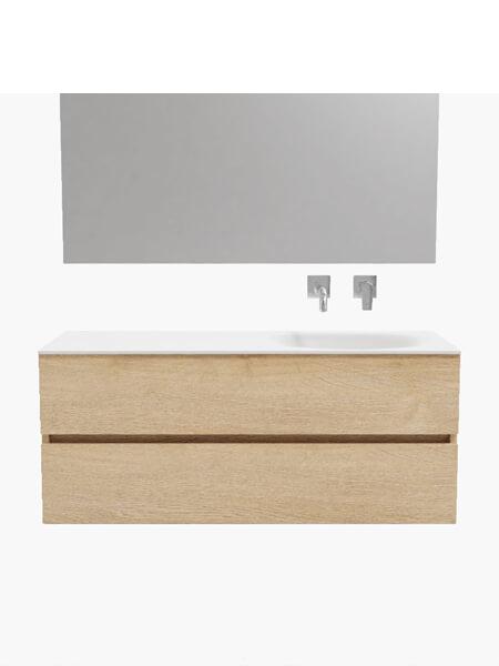 Mueble de baño 120 cm Wood roble natural con 2 cajones, lavabo de Solid surface seno derecho con 0 orificio(s) para el grifo. 12 Mueble de baño suspendido Vica 120 Wood roble natural 2 cajones en acabado Wood roble natural mate. Un mueble de baño de apertura suave por uñero con encimera para grifo empotrado y seno derecho.