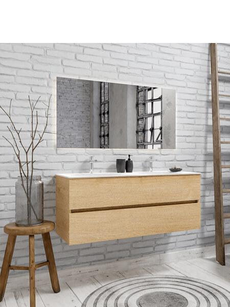 Mueble de baño 120 cm Wood roble natural con 2 cajones, lavabo de Solid surface seno doble con 2 orificio(s) para el grifo. 9 Mueble de baño suspendido Vica 120 Wood roble natural 2 cajones en acabado Wood roble natural mate. Un mueble de baño de apertura suave por uñero con encimera para grifo sobre encimera y seno doble.