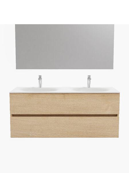 Mueble de baño 120 cm Wood roble natural con 2 cajones, lavabo de Solid surface seno doble con 2 orificio(s) para el grifo. 12 Mueble de baño suspendido Vica 120 Wood roble natural 2 cajones en acabado Wood roble natural mate. Un mueble de baño de apertura suave por uñero con encimera para grifo sobre encimera y seno doble.